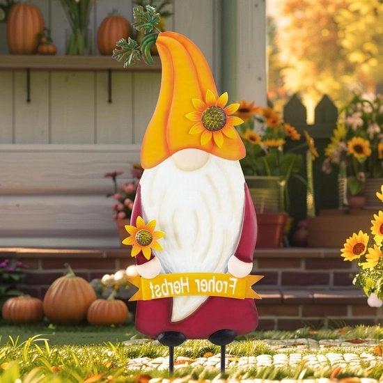 Decorazione esterna per giardino: steccetto di giardino a forma di gnomone con abito rosa e zinnia - sculture in metallo per decorazione primaverile e decorazione autunnale