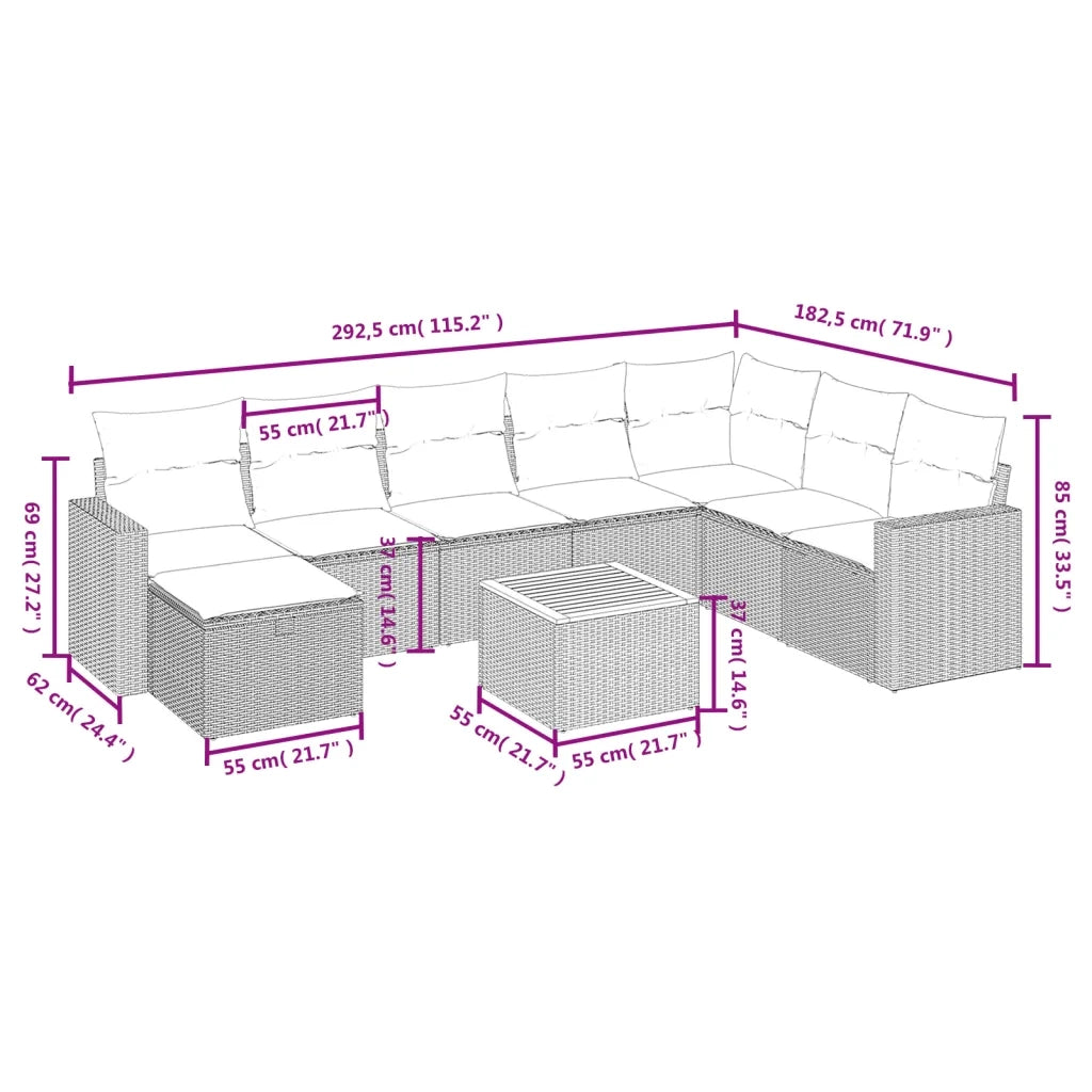 Set Divani da Giardino 9 pz con Cuscini Nero in Polyrattan