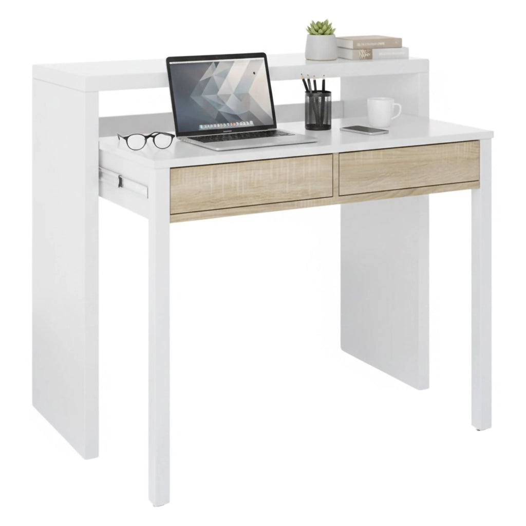 Consolle Andriy, Scrivania con piano estensibile, Scrittoio porta PC con 2 cassetti, cm 99x36h88, Bianco e Rovere