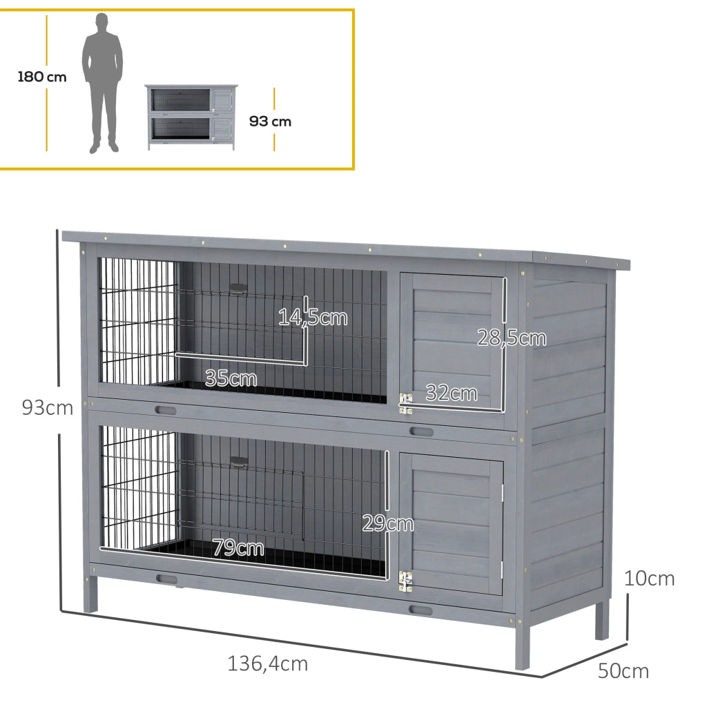 Gabbia per conigli in legno a 2 piani ¨C zephmum ¨C grigio 136x50x93 cm
