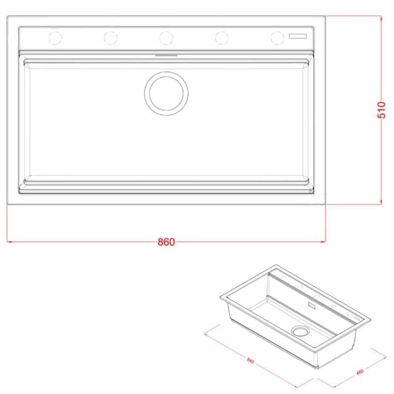 Lavello Quareco incasso 1 vasca 86×51 Prime 90 Granito Grigio QLP090GR