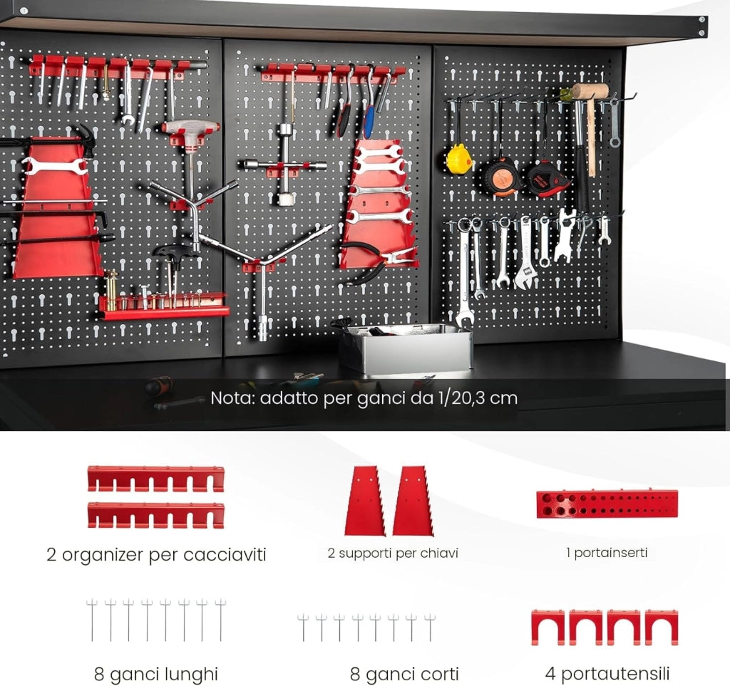 Banco da Lavoro, Organizer per Attrezzi in Metallo con 3 Pannelli Perforati con Kit di 25 Ganci, 2 Cassetti e 2 Ripiani, Banchi da Lavoro per Officina, Garage (Nero+Rosso, 121 X 61 X 156 CM)