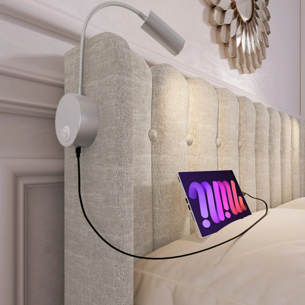 Letto Contenitore Letto Matrimoniale; USB; Luce da Lettura e Vano 140×200 cm; senza Materasso; Lino; Naturale