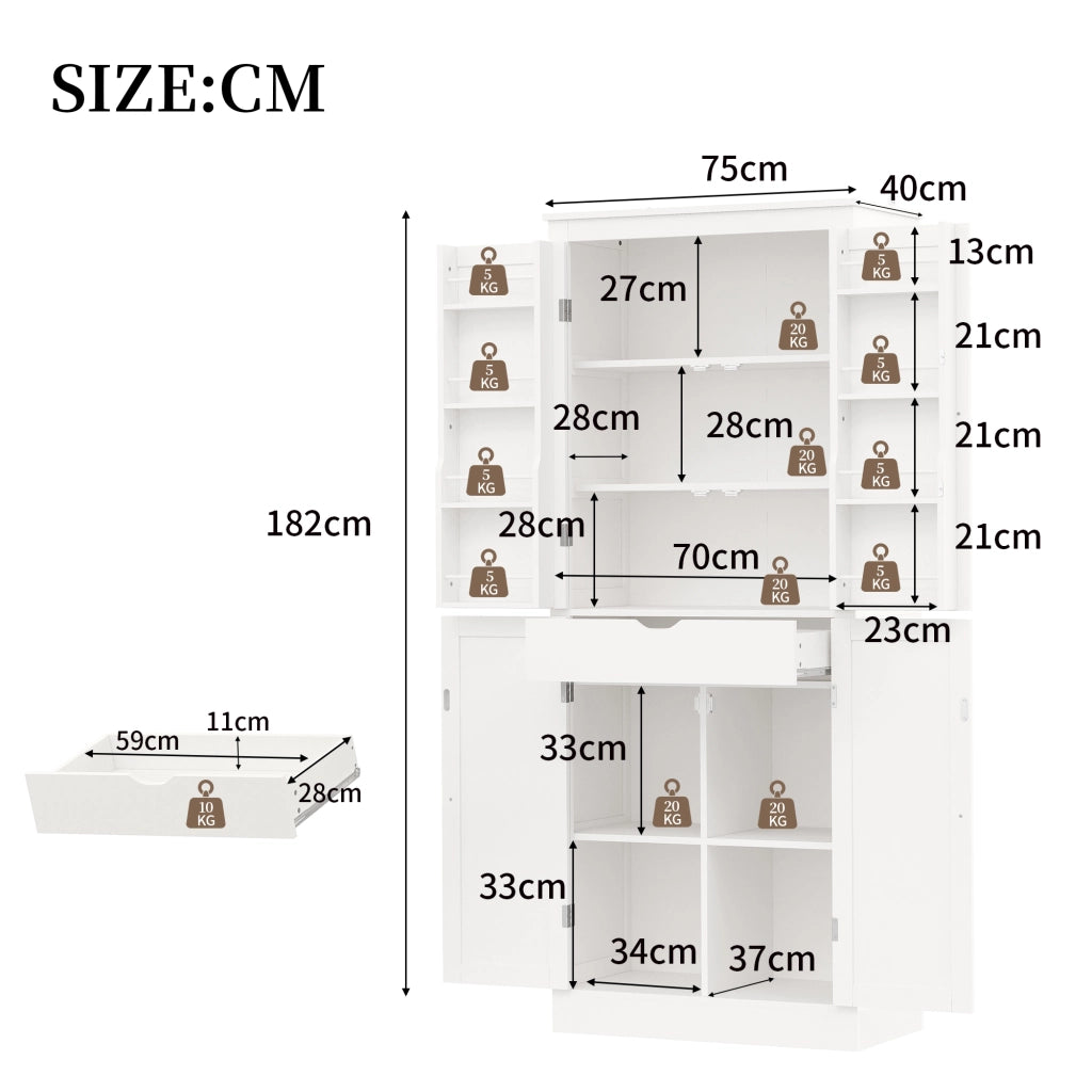 Credenza alta multifunzionale con ante, ripiani interni e cassetto, 182 × 40 × 75 cm, in MDF, bianco
