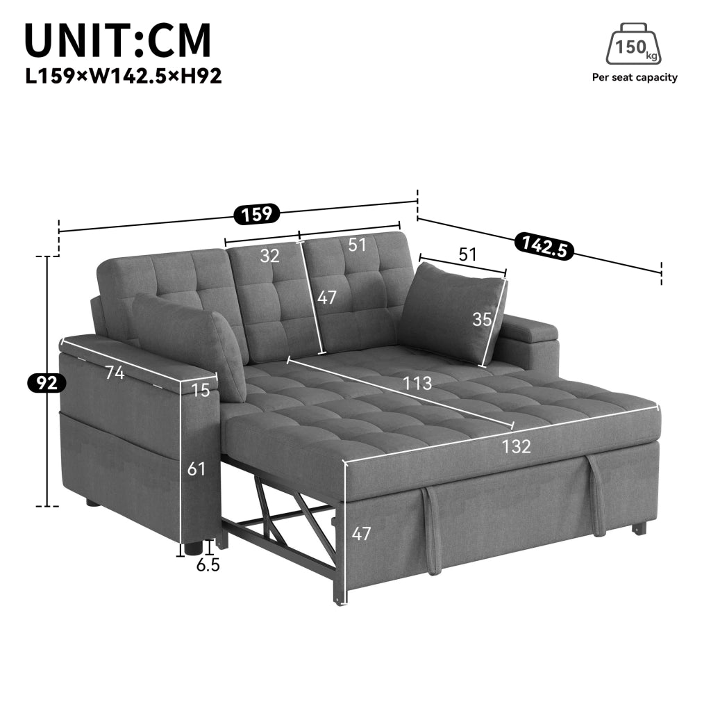 Divano letto a 2 posti con schienale reclinabile e contenitore; 159 cm; grigio
