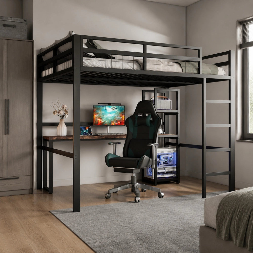 Letto a soppalco 140 x 200 cm in metallo con scrivania, scaffali e prese USB/Type-C