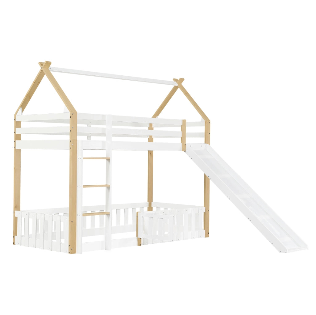 Letto a castello 90x200 cm con scivolo e tetto in legno; MDF e compensato bianco e naturale