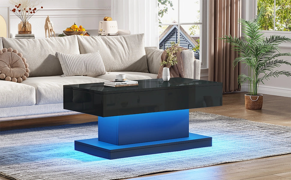 Tavolino da Caff¨¨ con LED e 2 Cassetti ¨C MINIMAL ¨C Nero Lucido, 100x50x45