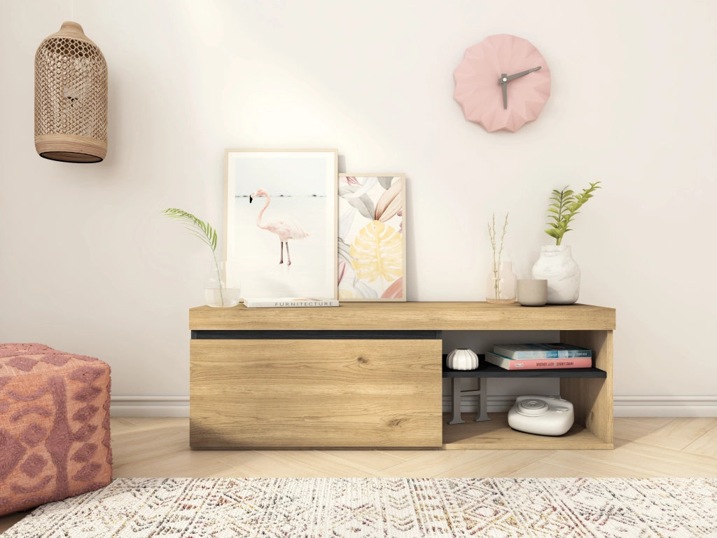 Set Naturale Sala da pranzo, salotto, credenza-mobile tv 120cm - tavolo allungabile rovere/nero