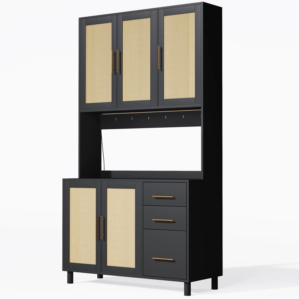 OKWISH Credenza da Cucina con 3 Cassetti, 3 Ante, 2 Ripiani Regolabili, LED, Prese e USB, per Cucina, MDF, Nero