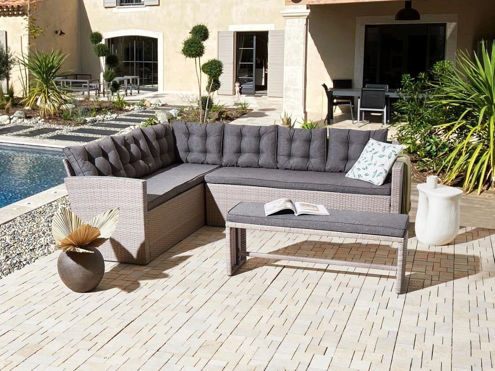 Set da pranzo ad angolo da giardino grigio finto rattan con cuscini divano panca tavolo rettangolare piano in vetro 80 x 145 cm vimini