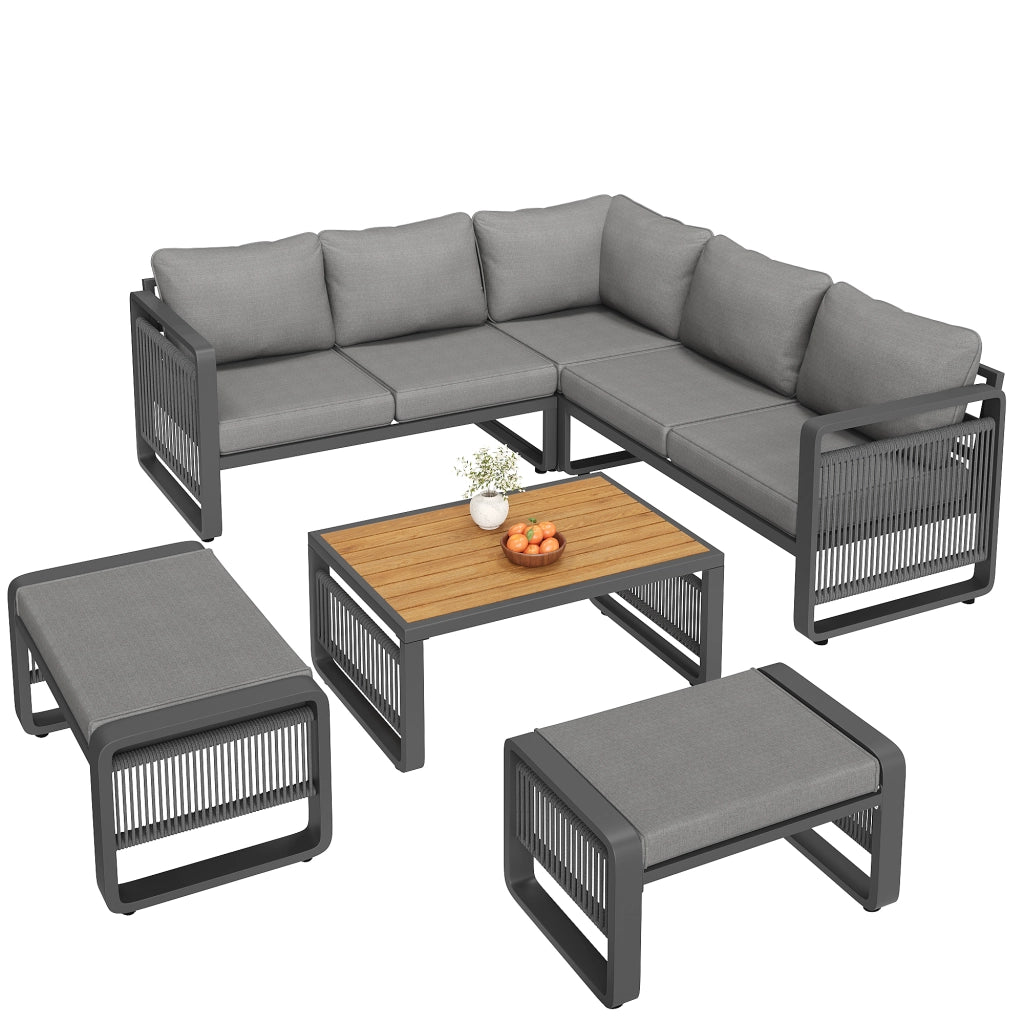 Set Divano da Giardino 6-7 Posti ¨C MINIMAL ¨C Angolare, Corda, Ferro, Cuscini, Grigio