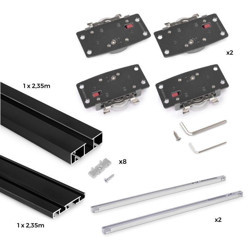 Sistema Flow 2 da superficie in kit per un armadio con 2 ante scorrevoli in legno supportate da chiusura ammortizzata