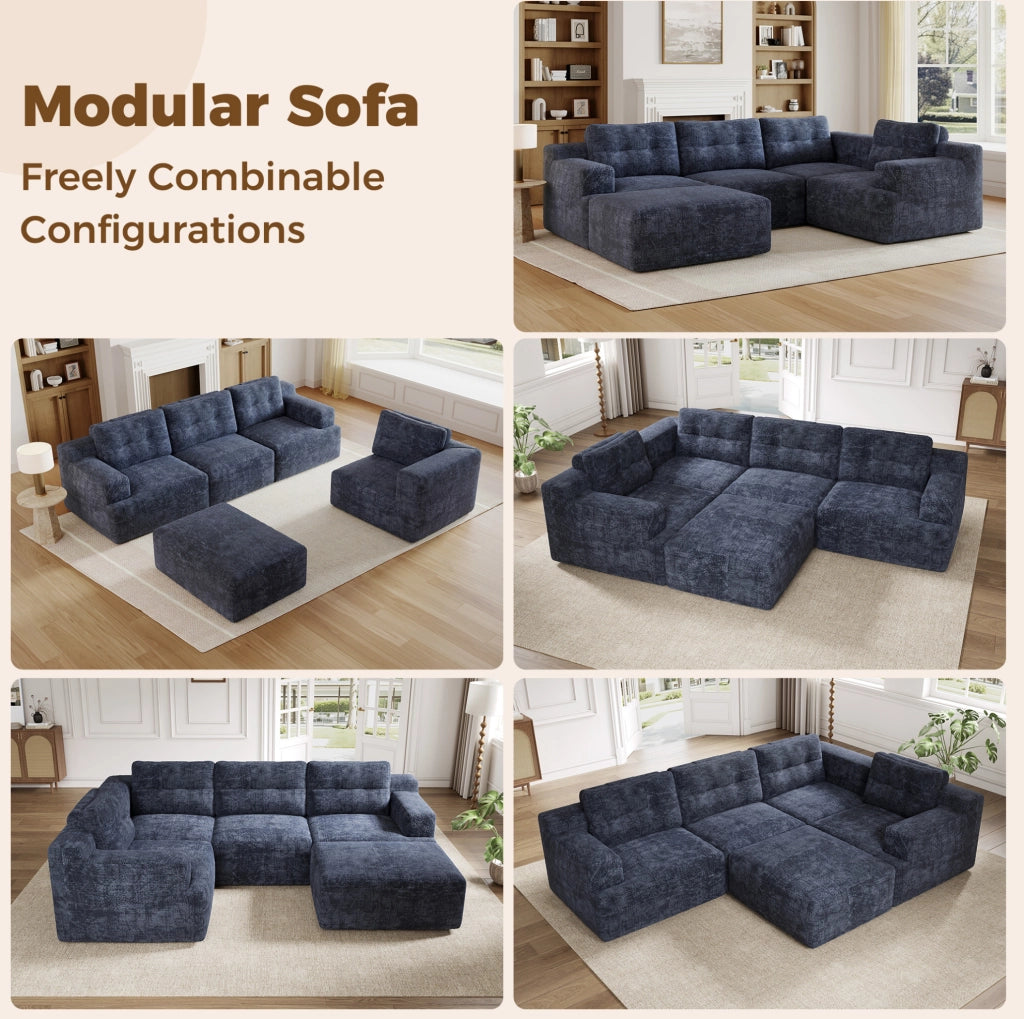 Divano modulare a U in ciniglia blu con poggiatesta e pouf; 252 × 180 × 82 cm