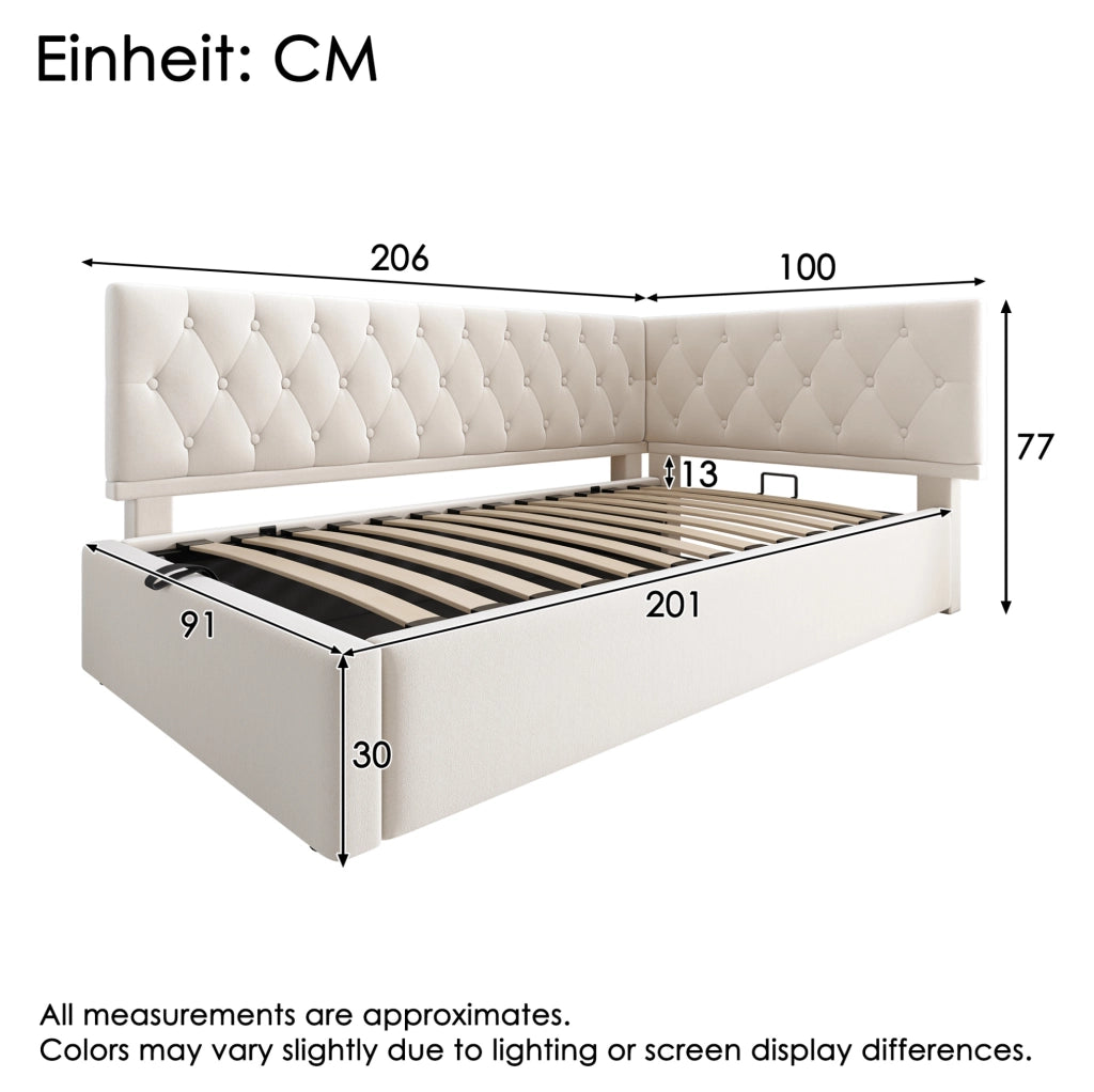 Letto imbottito con contenitore idraulico 90x200 cm in velluto beige; testiera reversibile