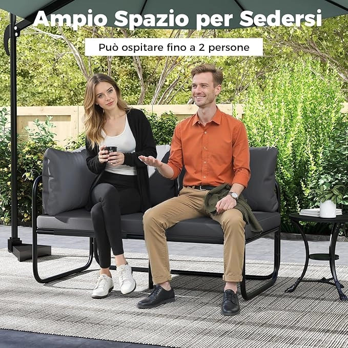 Divano da Esterno a 2 Posti, Divano con Cuscini Rimovibili, Bracciolo Laterale, Struttura in Metallo Robusta, Lettino Prendisole per Giardino Balcone, Portata 300 kg