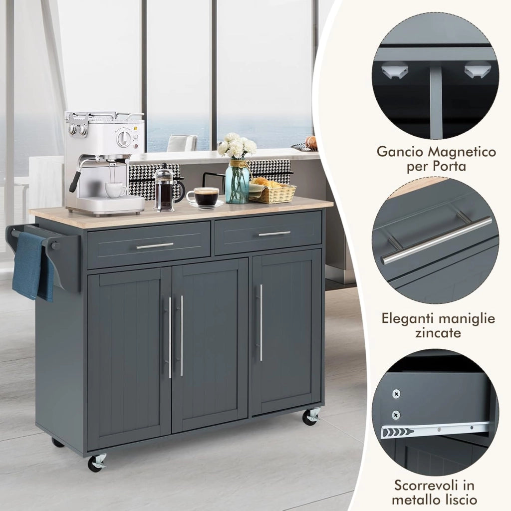 Carrello da Cucina, Carrello di Servizio con Ruote e Maniglia, 3 Ante e 2 Cassetti, Ideale per Cucina Ristorante Bar, 122x46x92,3 cm (Grigio)