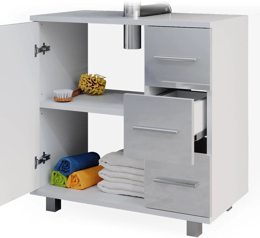 Set mobili bagno Ilias, Bianco lucido, 60 cm, composto da specchio da bagno e mobile sottolavabo