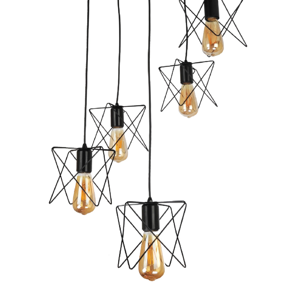 Lampadario a 5 Fonti Luce Sospese Paralumi a Gabbia di Forma Geometrica - Lampada a Sospensione in Stile Industriale -