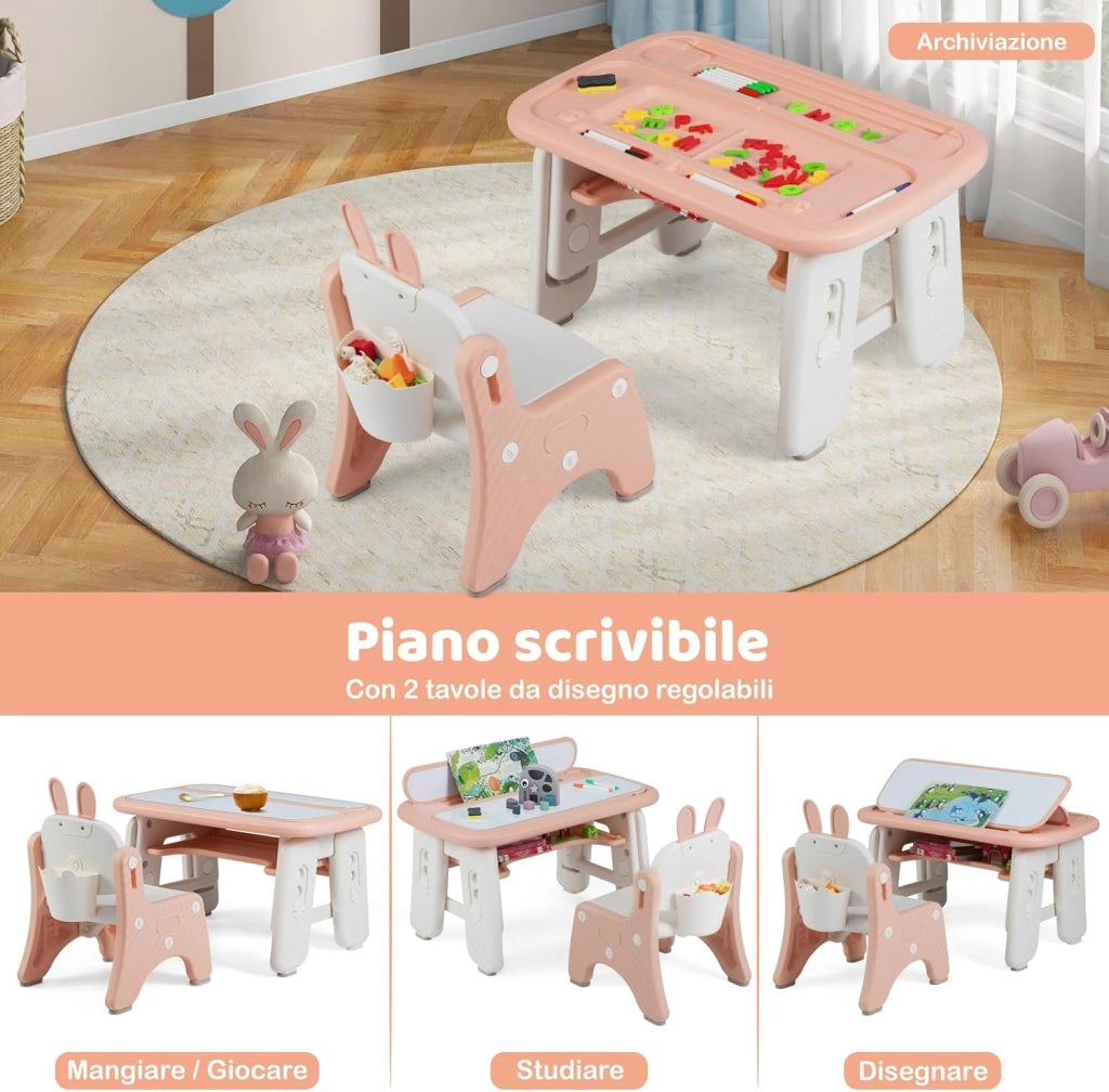 Set Tavolo e Sedia per Bambini, Tavolo e Sedia per Bambini con Mensola Ribaltabile, Lavagna Magnetica Cancellabile, Altezza Regolabile, per Camera da Letto, Sala, Giochi per Ragazzi (Rosa)