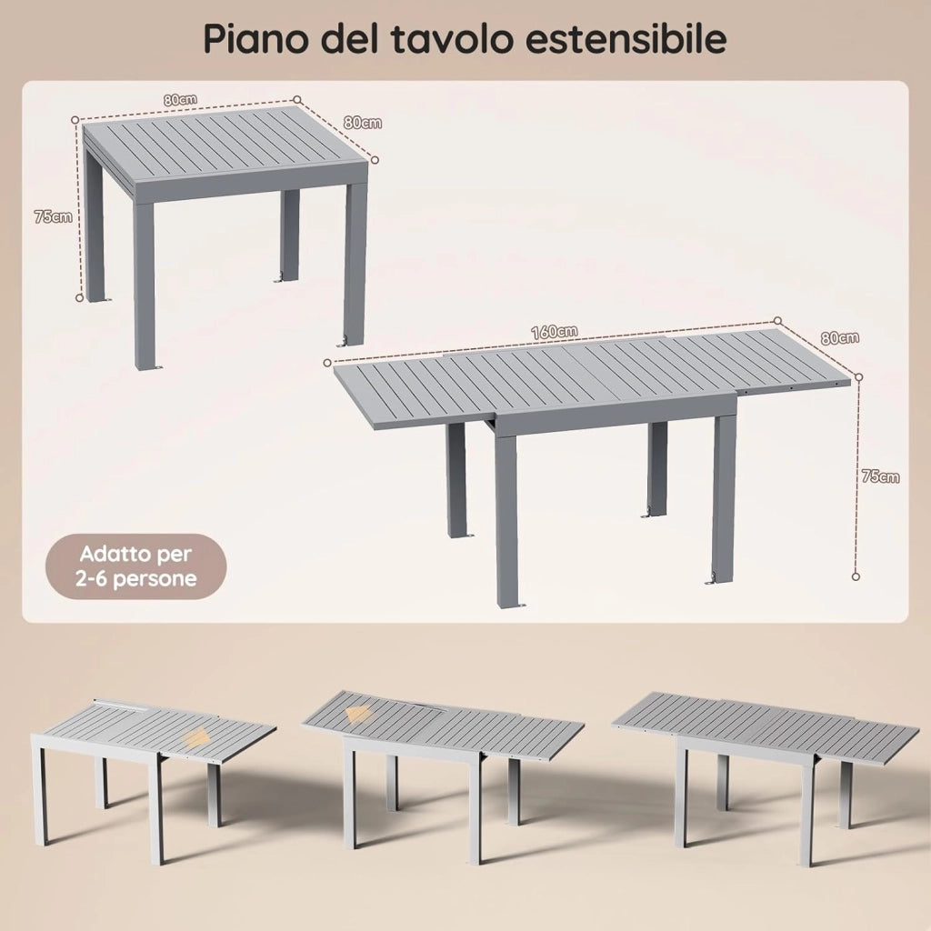 Tavolo da giardino, estensibile, 80/160 x 80 x 75 cm, tavolino allungabile in alluminio, per balcone, resistente alle intemperie, estensibile, tavolo da pranzo all'aperto, grigio Chiaro
