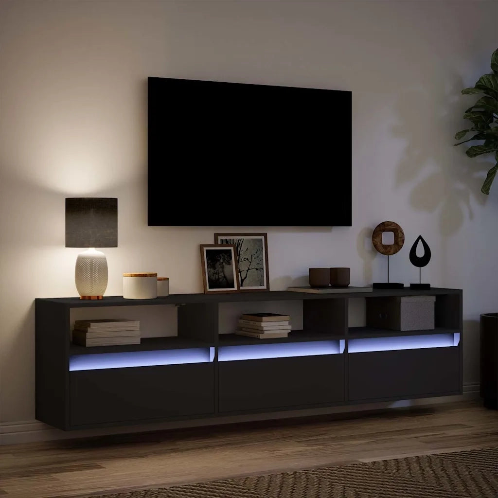 Mobile TV a parete con LED-Credenza per TV sospesa Nero 180x31x45 cm
