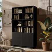 Libreria Miniato, Mobile portalibri con vani aperti e due ante, Design moderno e minimale, 172x40 h100 cm, Nero