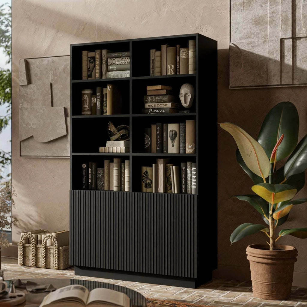 Libreria Miniato, Mobile portalibri con vani aperti e due ante, Design moderno e minimale, 172x40 h100 cm, Nero