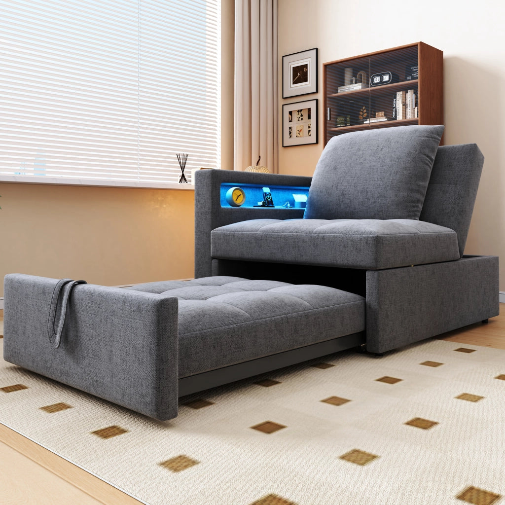 Divano Letto Convertibile 3 In 1 con Schienale Regolabile 5 Posizioni; LED e Porte USB Tipo C; in Tessuto Grigio Chiaro