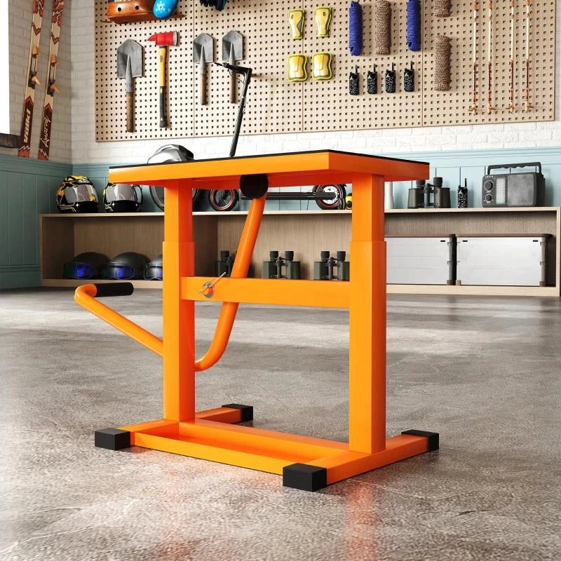 CAVALLETTO ALZAMOTO MAX 150 KG IN METALLO CON SUPERFICIE IN GOMMA E MANOVELLA, 48X34X43 CM, ARANCIONE