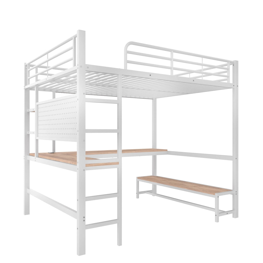 Letto a soppalco 140x200 cm con scrivania; LED e prese USB e Type-C in metallo bianco