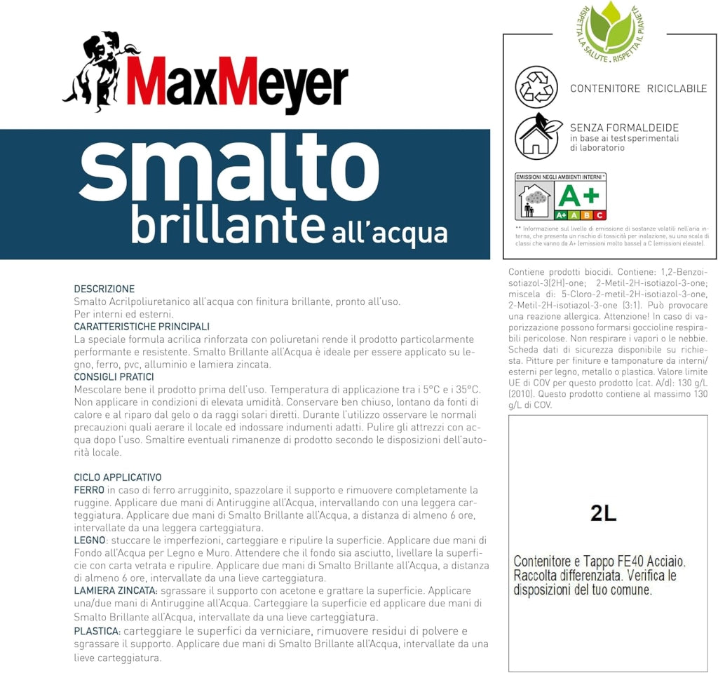 Smalto All'Acqua Poliuretanico con Finitura Brillante, Colore Bianco, 2L