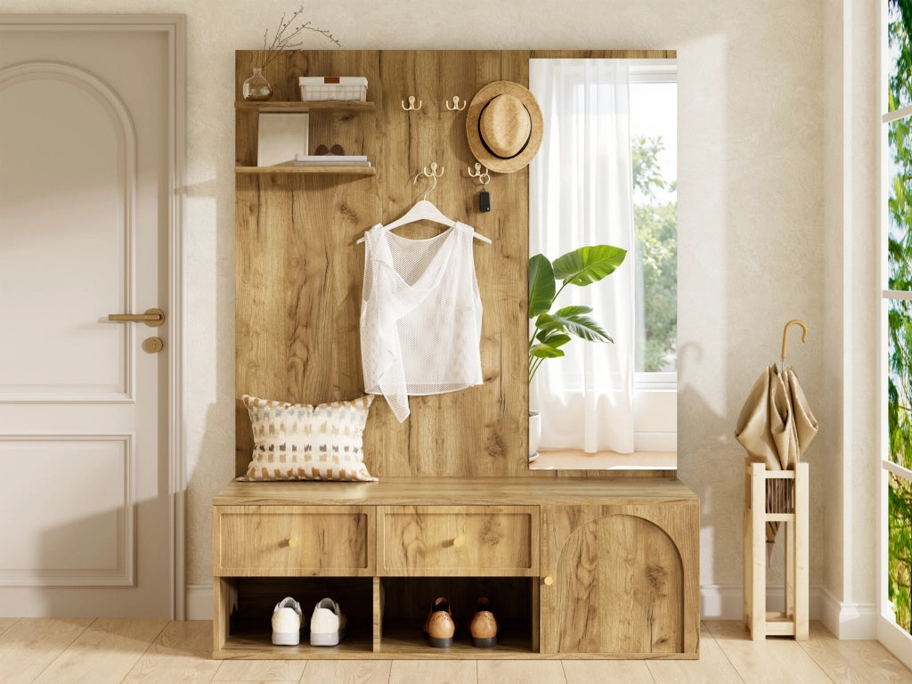 Mobile da ingresso con specchio intero 5 ganci 2 cassetti in truciolare effetto legno naturale 120 × 35 × 159 cm