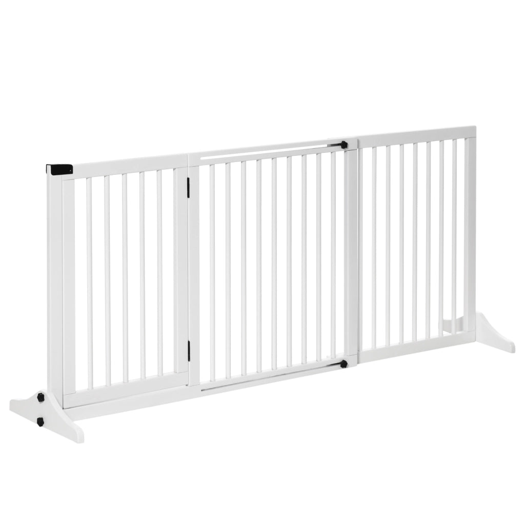 Barriera estensibile a forbice con porta integrata a 3 pannelli in legno di pino bianco 113-166 × 36 × 71 cm