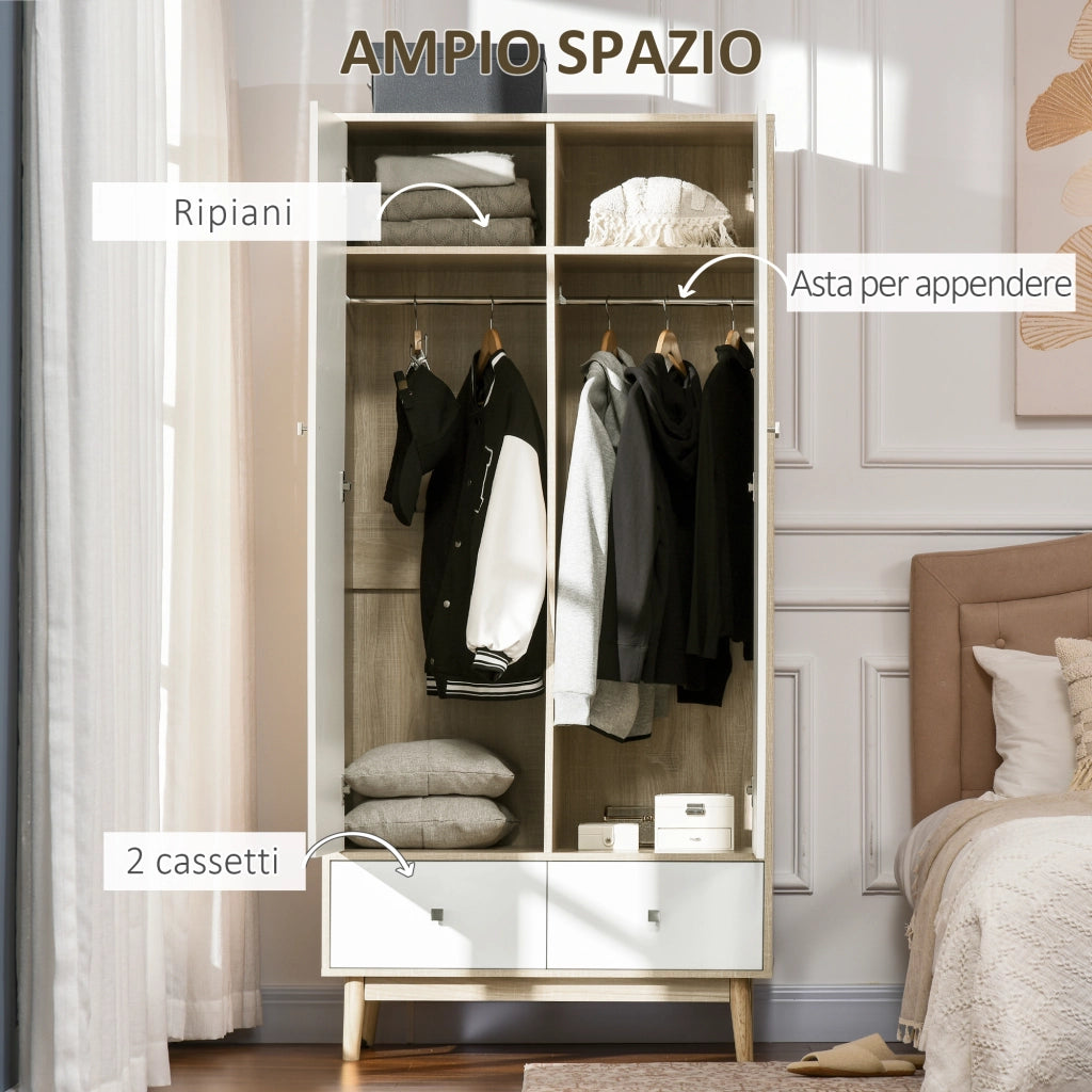 EasyComfort Armadio 2 Ante in Legno con 4 Vani, 2 Cassetti e Appendiabiti, Color Legno e Bianco, 90x50x190cm
