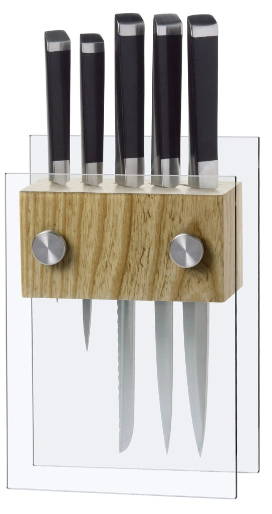 Ceppo in Vetro Temprato e Legno con 5 Coltelli Marte Alexander Crystal Zaffiro