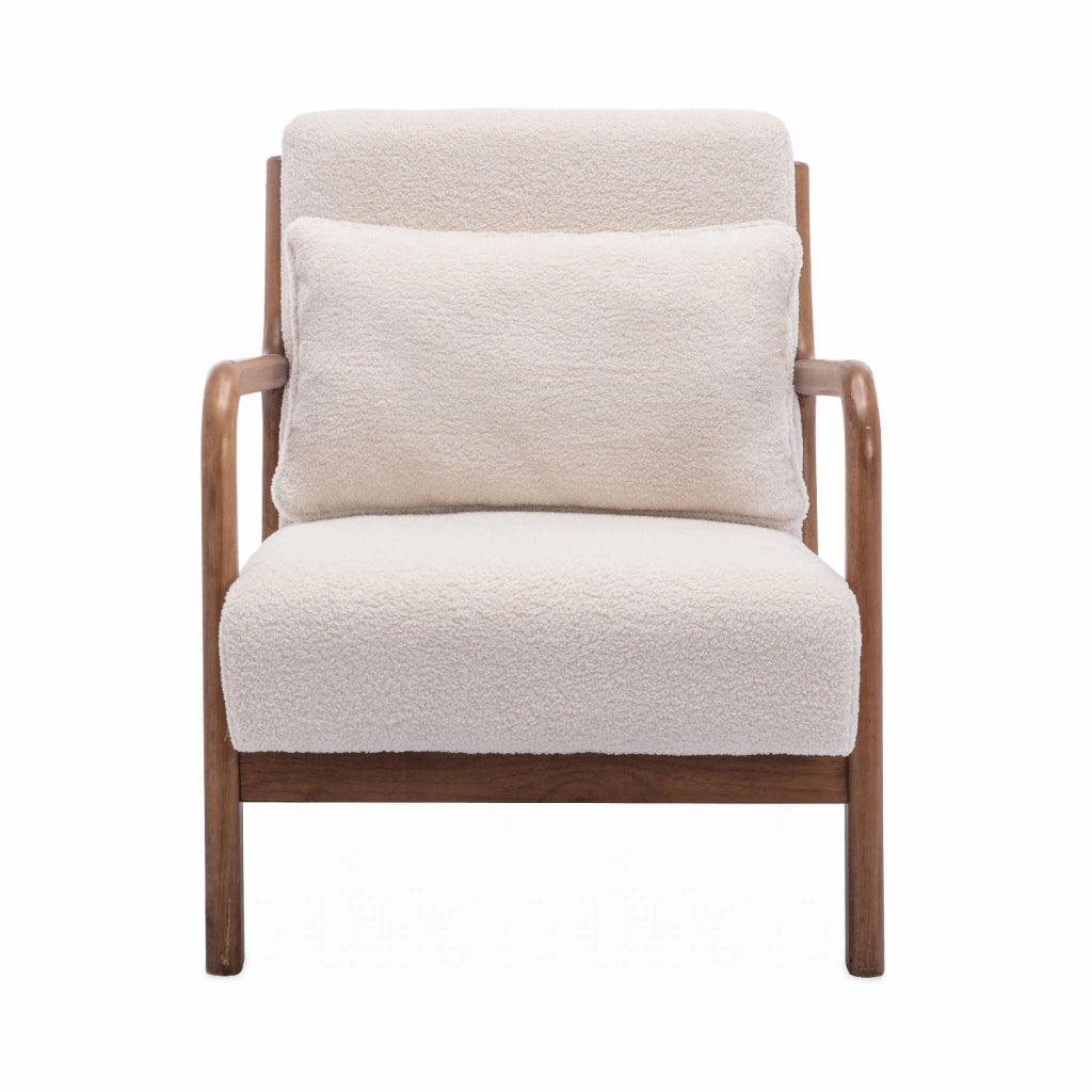 Poltrona scandinava in tessuto bouclé e legno di gomma scuro, crema