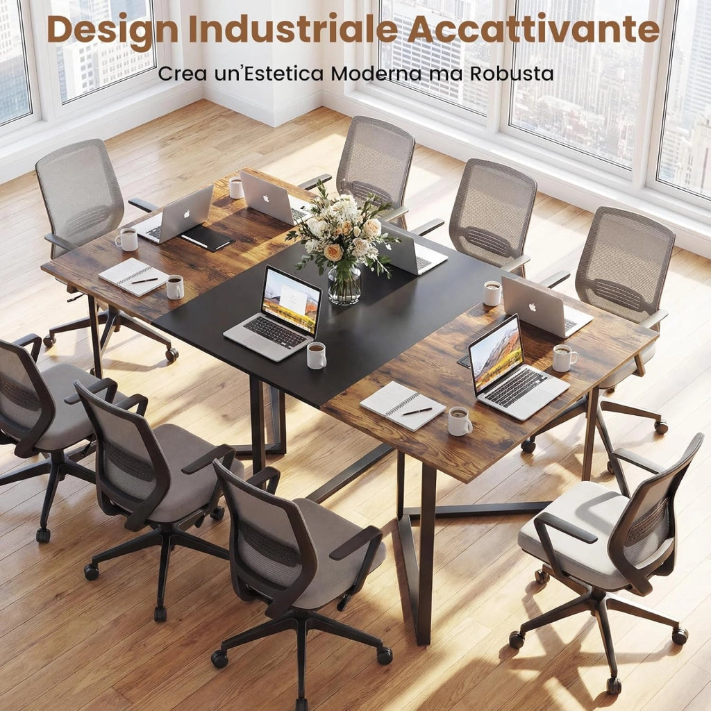 Tavolo da Conferenza 180 x 100 cm, Tavolo Riunioni Grande per 6-8 Persone, Postazione da Lavoro Stile Industriale con 2 Passacavi per Ufficio e Sala Riunioni