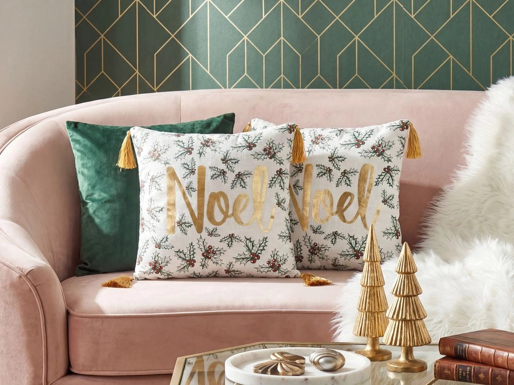 Set di 2 cuscini sparsi in cotone bianco oro 45 x 45 cm Motivo natalizio Nappe Accessori Decorazione festiva
