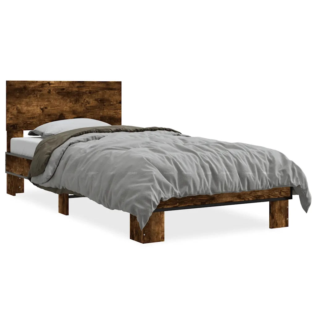 Letto singolo | Letto per adulti | Giroletto Rovere Fumo 90x200 cm in Legno Multistrato e Metallo