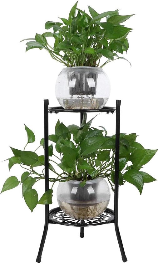 Supporto per piante a 2 livelli - Sostegno fiori e libri - Decorazione camera da letto e soggiorno - Metallo (nero)