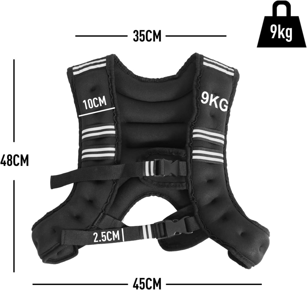 Gilet peso 5/9/15 kg, gilet zavorato in neoprene per allenamenti di peso, gilet da corsa con strisce riflettenti e cinghie regolabili, nero