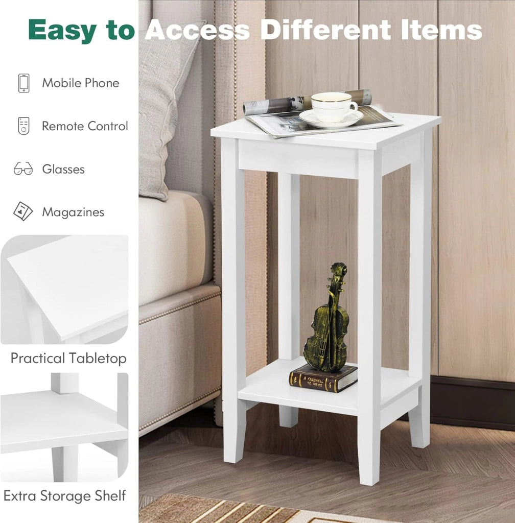 Set di 2 tavolini da divano con scaffale, comodino a 2 livelli, tavolino da salotto, comodino, in legno, rettangolare, semplice, per telefono, per piante, in legno (bianco, set da 2)