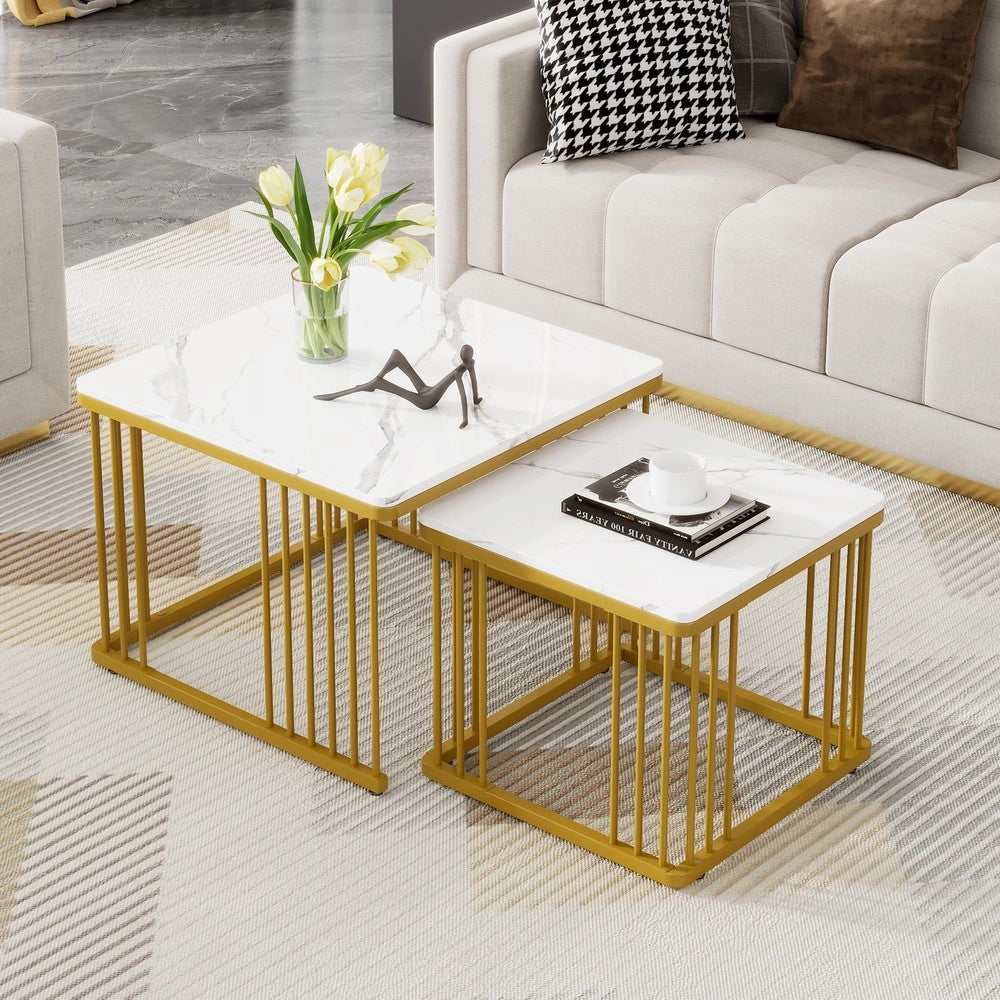 Set 2 Tavolini da Caff¨¨ Effetto Marmo Lucido ¨C MINIMAL ¨C Piano Quadrato, Gambe Dorate, 60x60x45 e 45x45x40