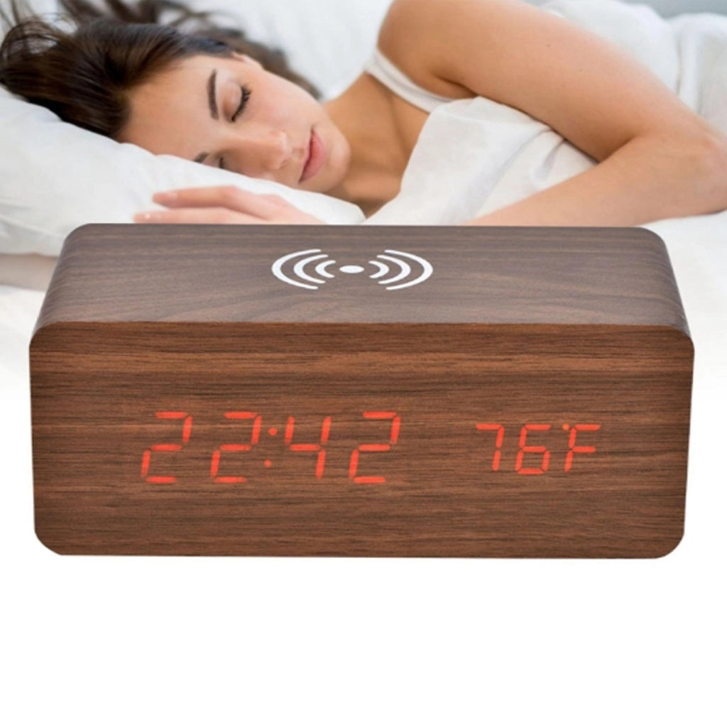 SVEGLIA DIGITALE MULTIFUNZIONE LEGNO LED RICARICA WIRELESS TEMPERATURA 06724