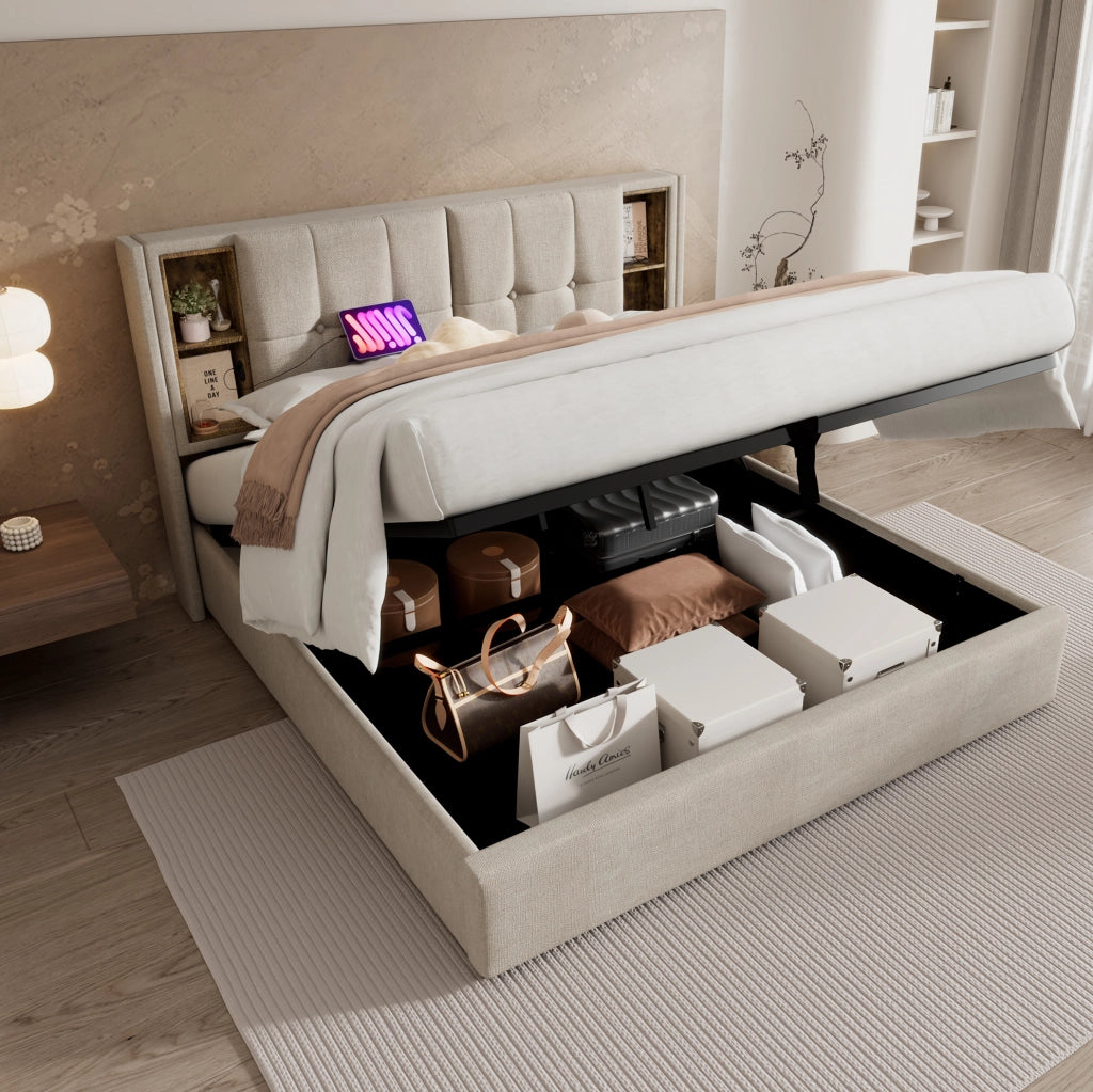 Letto imbottito 160x200 con ricarica wireless, USB e ampio vano contenitore