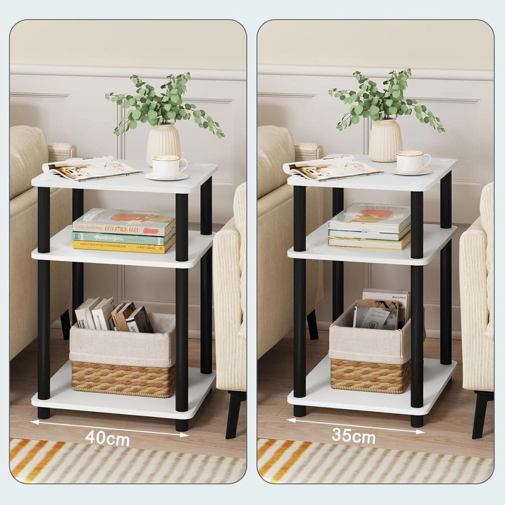 Set di 2 Comodini da Letto a 3 Ripiani, Tavolini Salotto di Legno, Tavolini Divano 40x35x57,5 cm, Facile Assemblaggio, per Camera da Letto Soggiorno, Bianco+Nero
