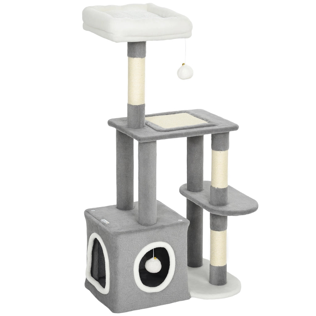 Albero Tiragraffi per Gatti con Casetta e 2 Palline 55x40x107cm Grigio e Bianco