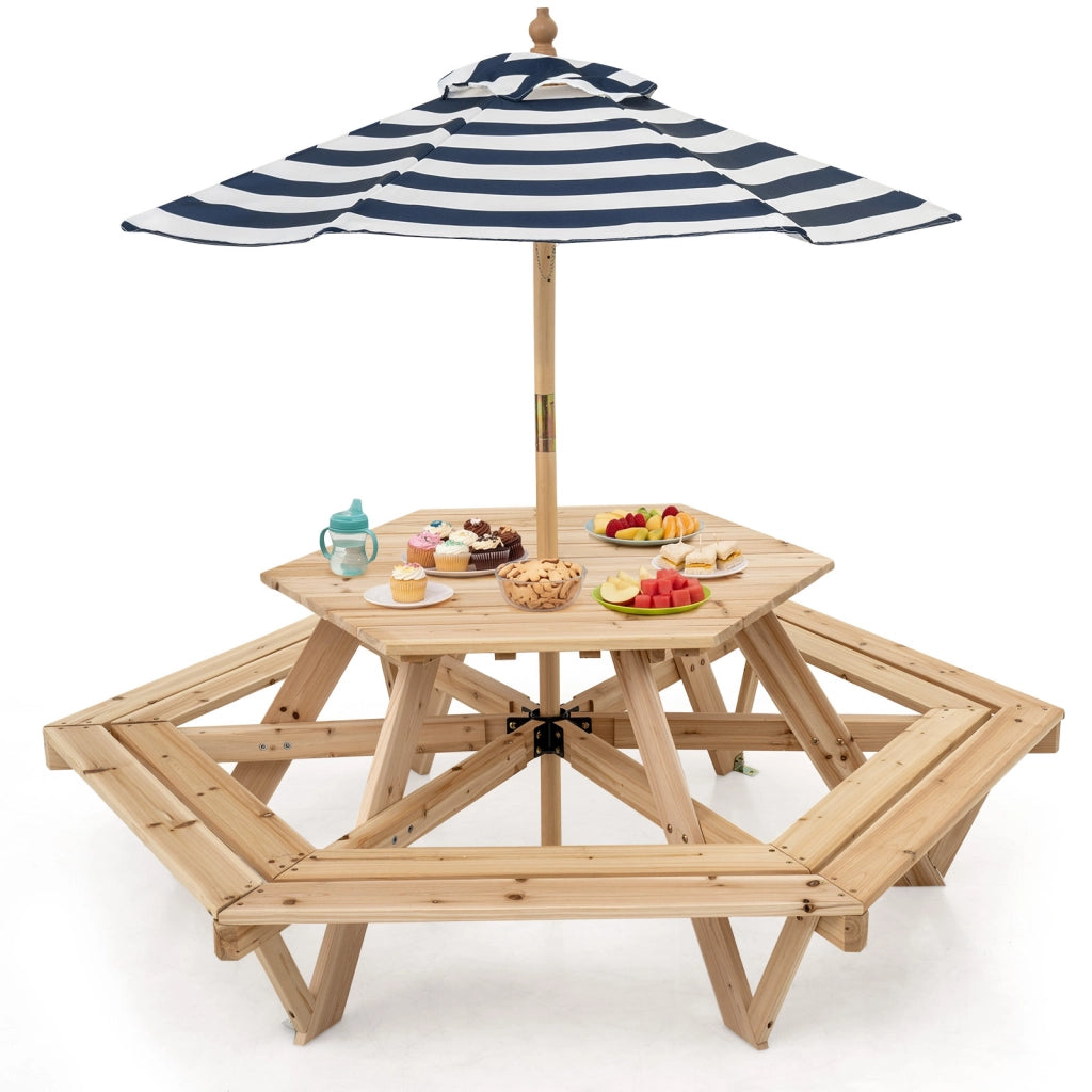 Tavolo da picnic esagonale massello 6 panche ombrellone regolabile, Tavolino per bambini 3-8 giardino balcone cameretta