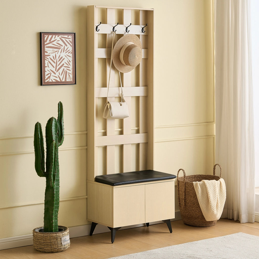 Mobili da ingresso con panca e 4 ganci, vani contenitore, in MDF effetto legno, stile moderno, per ingresso, 60 × 35 × 179,5 cm